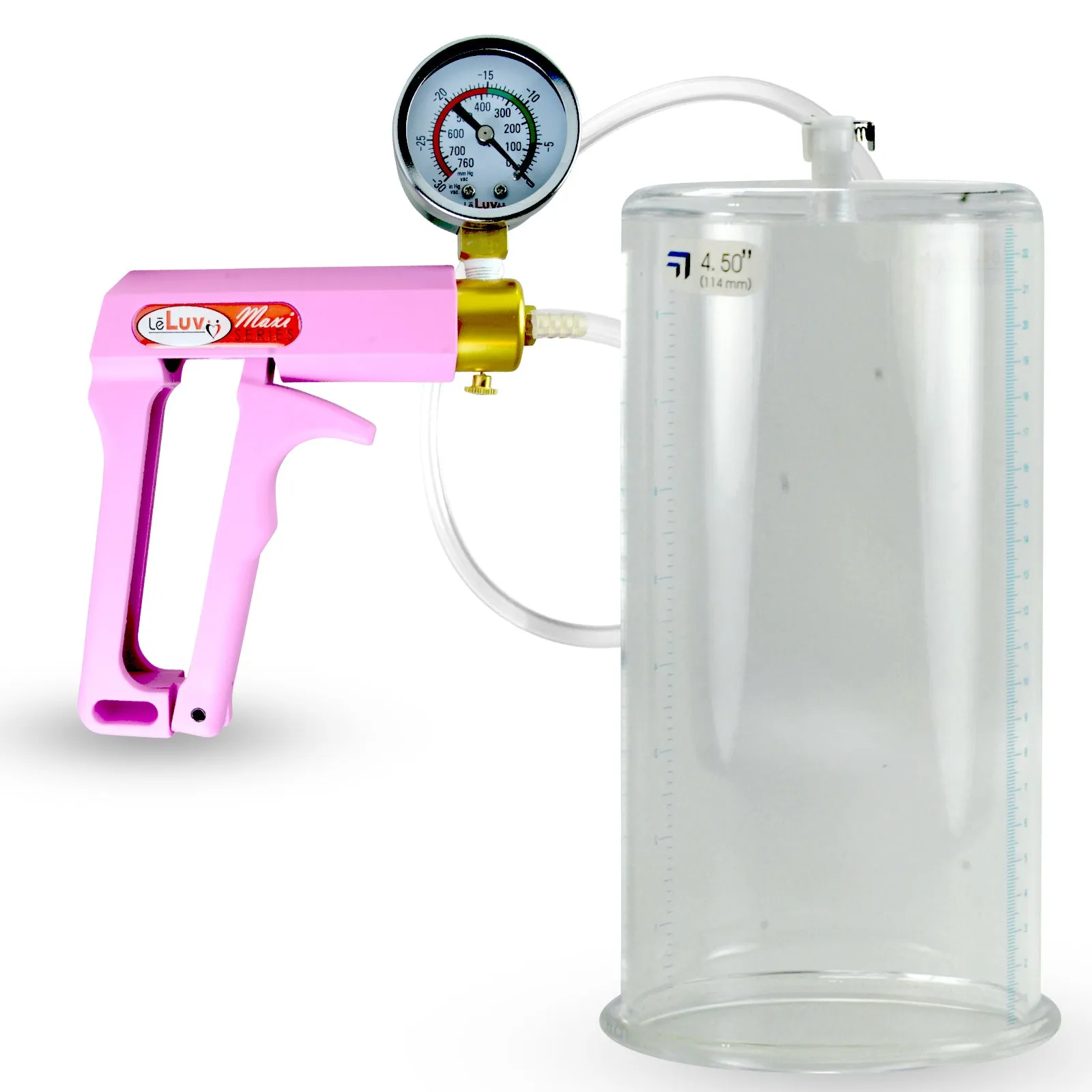 Penis Pump MAXI Pink Handle, Clear Hose | 9" or 12" Length x 1.35"-5.0" Diameters | Gauge Options
