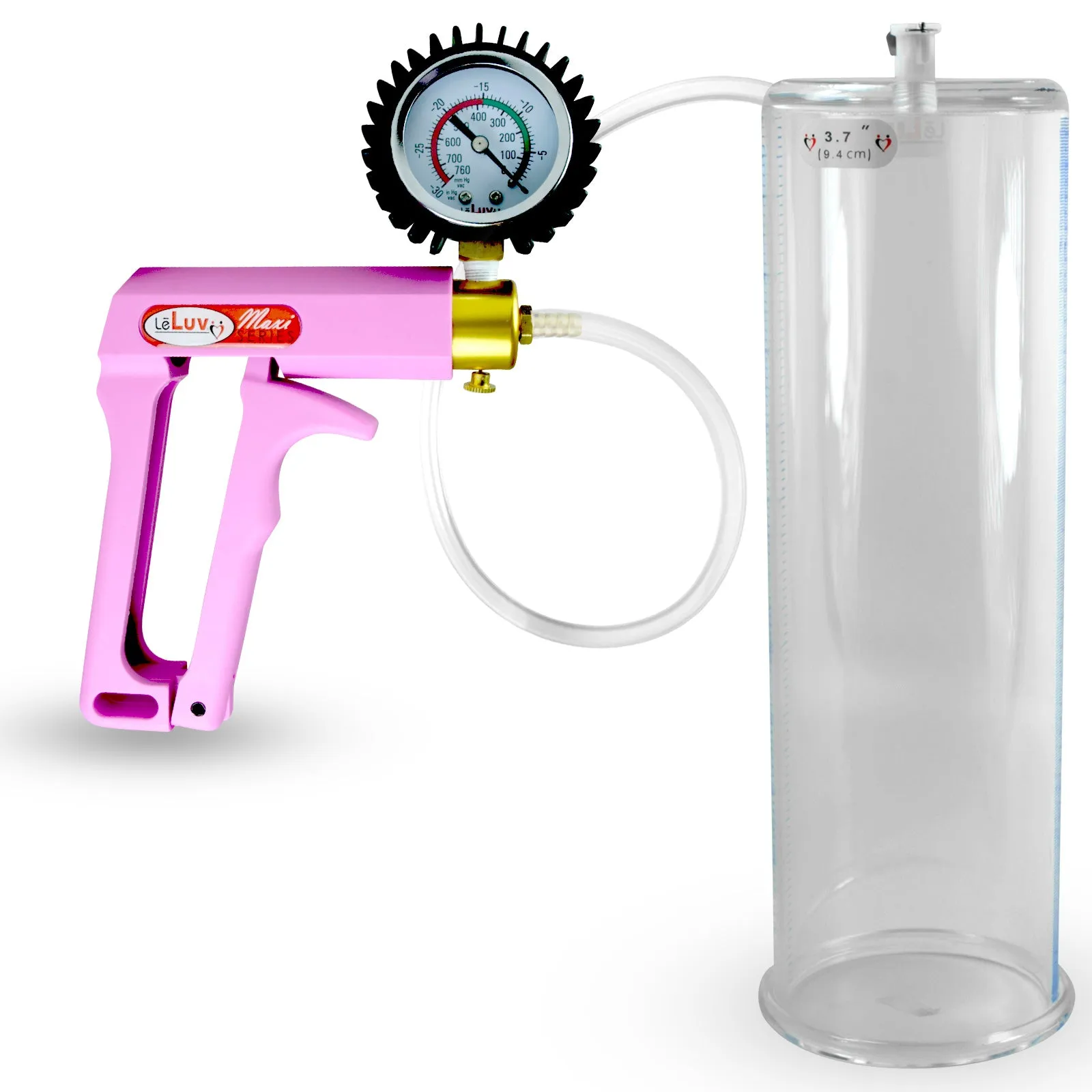Penis Pump MAXI Pink Handle, Clear Hose | 9" or 12" Length x 1.35"-5.0" Diameters | Gauge Options