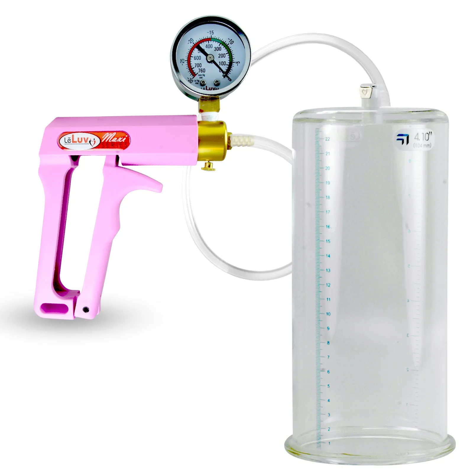 Penis Pump MAXI Pink Handle, Clear Hose | 9" or 12" Length x 1.35"-5.0" Diameters | Gauge Options