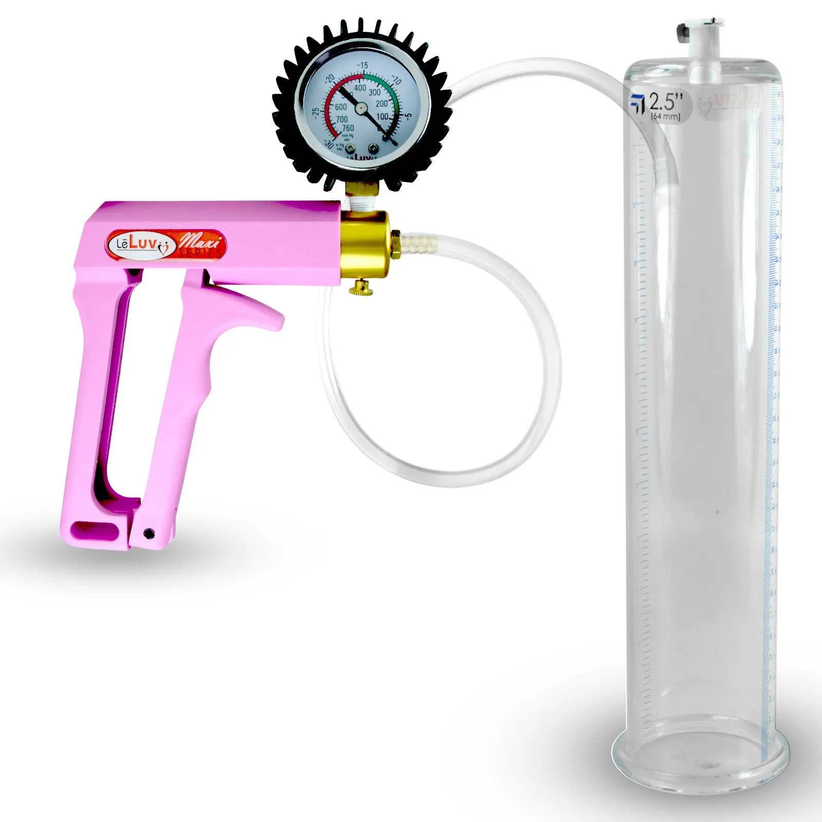 Penis Pump MAXI Pink Handle, Clear Hose | 9" or 12" Length x 1.35"-5.0" Diameters | Gauge Options