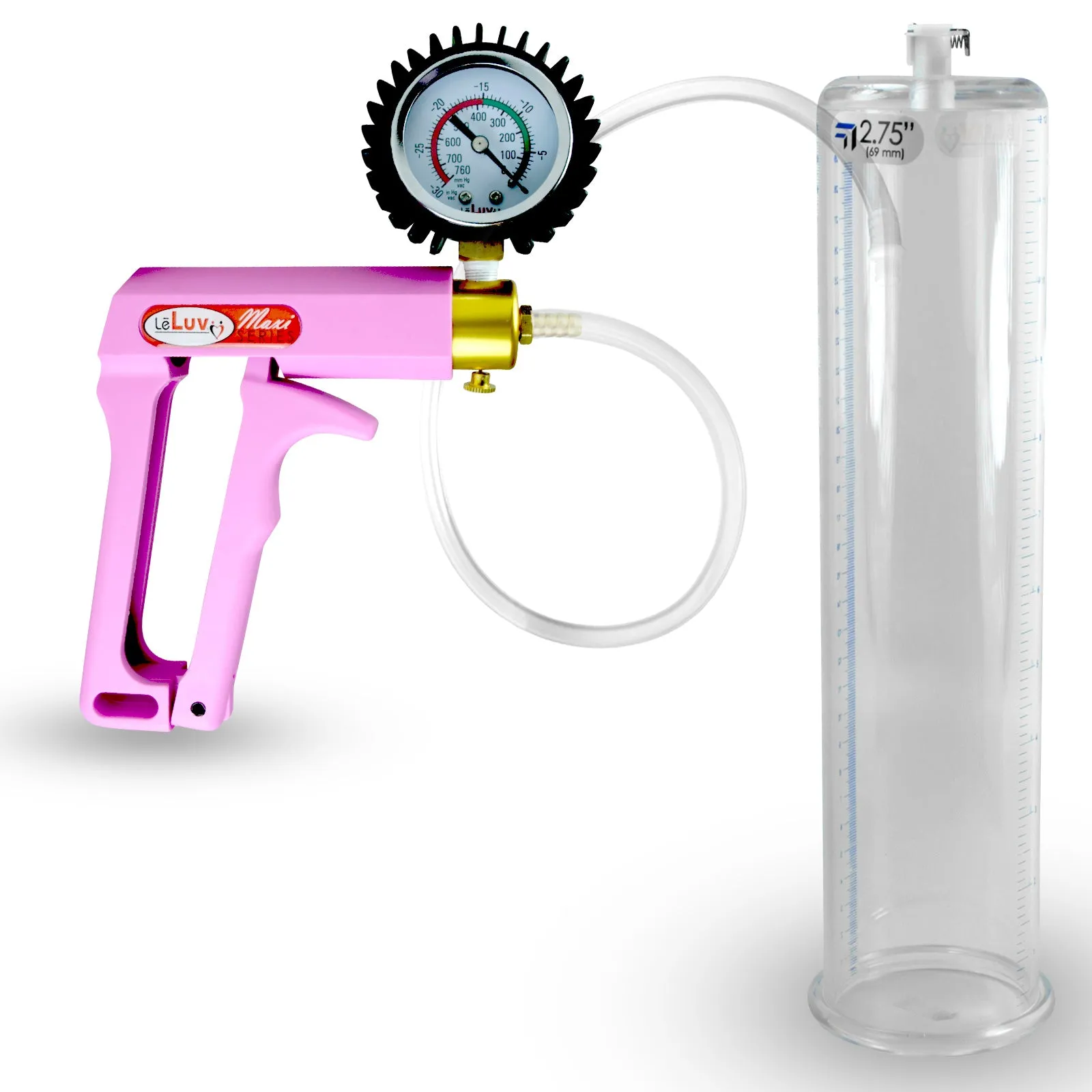 Penis Pump MAXI Pink Handle, Clear Hose | 9" or 12" Length x 1.35"-5.0" Diameters | Gauge Options