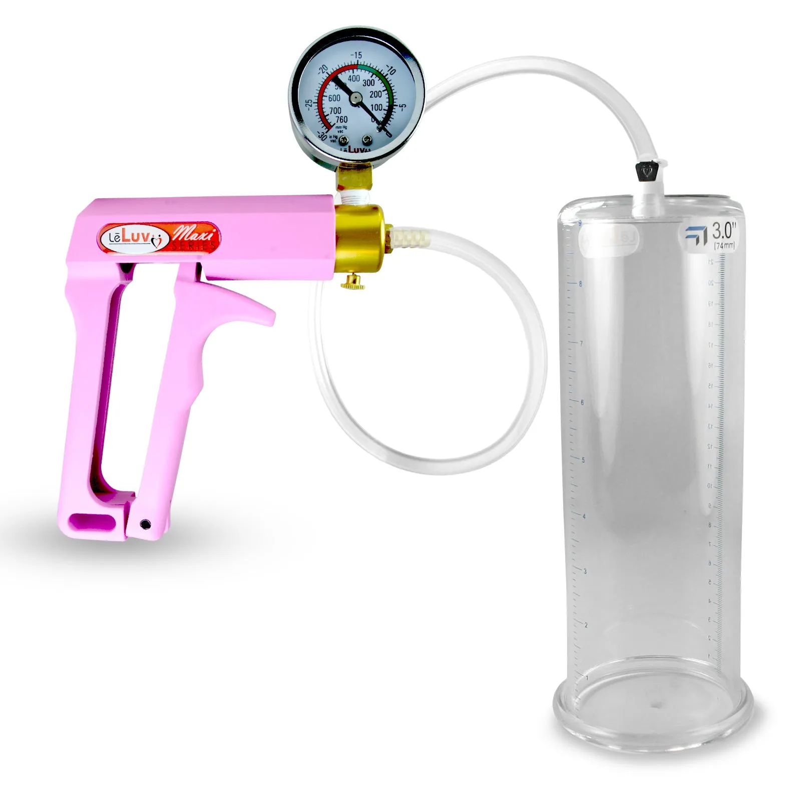 Penis Pump MAXI Pink Handle, Clear Hose | 9" or 12" Length x 1.35"-5.0" Diameters | Gauge Options