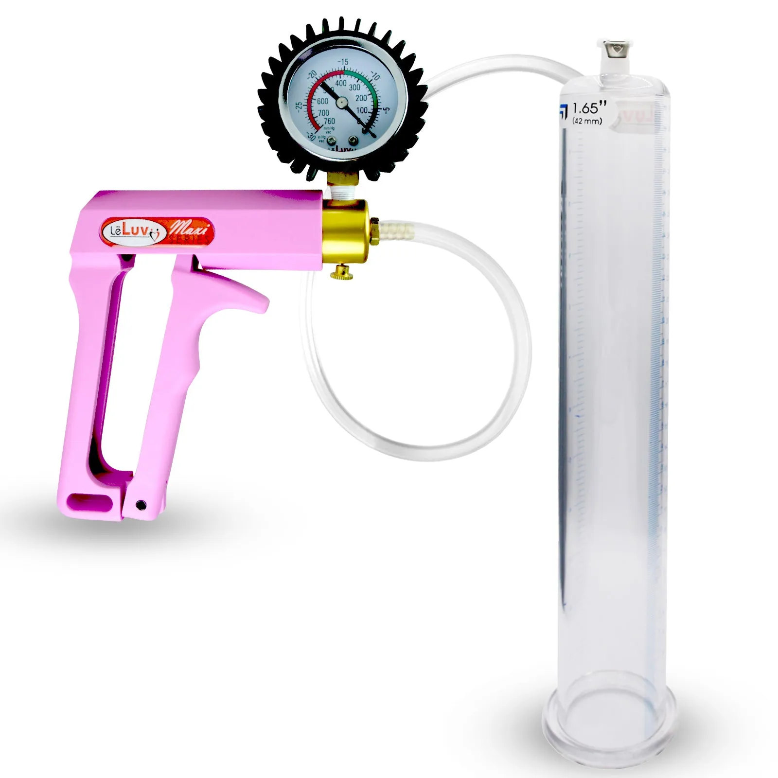 Penis Pump MAXI Pink Handle, Clear Hose | 9" or 12" Length x 1.35"-5.0" Diameters | Gauge Options