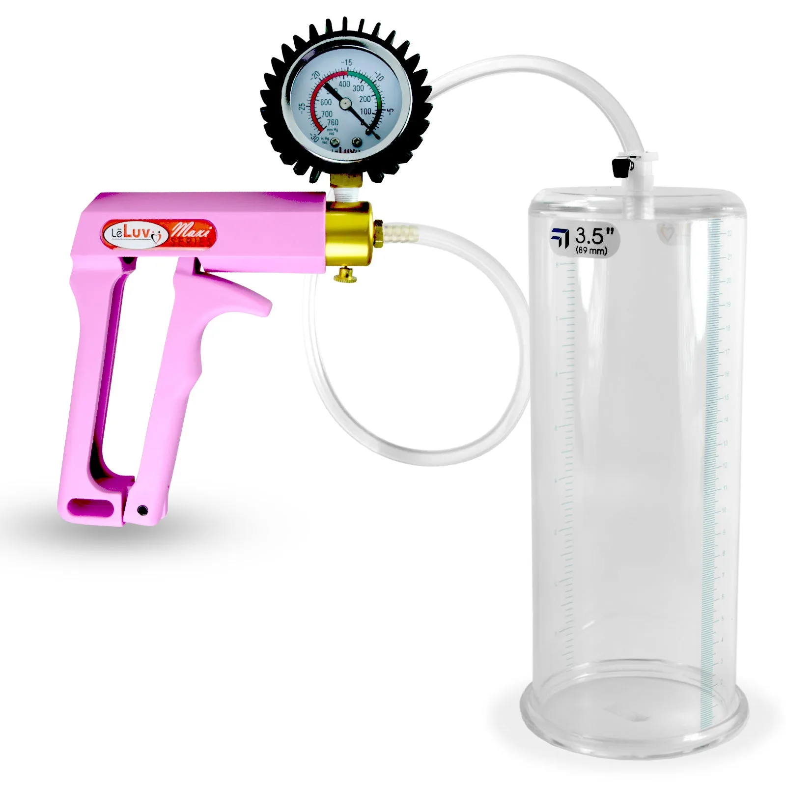 Penis Pump MAXI Pink Handle, Clear Hose | 9" or 12" Length x 1.35"-5.0" Diameters | Gauge Options
