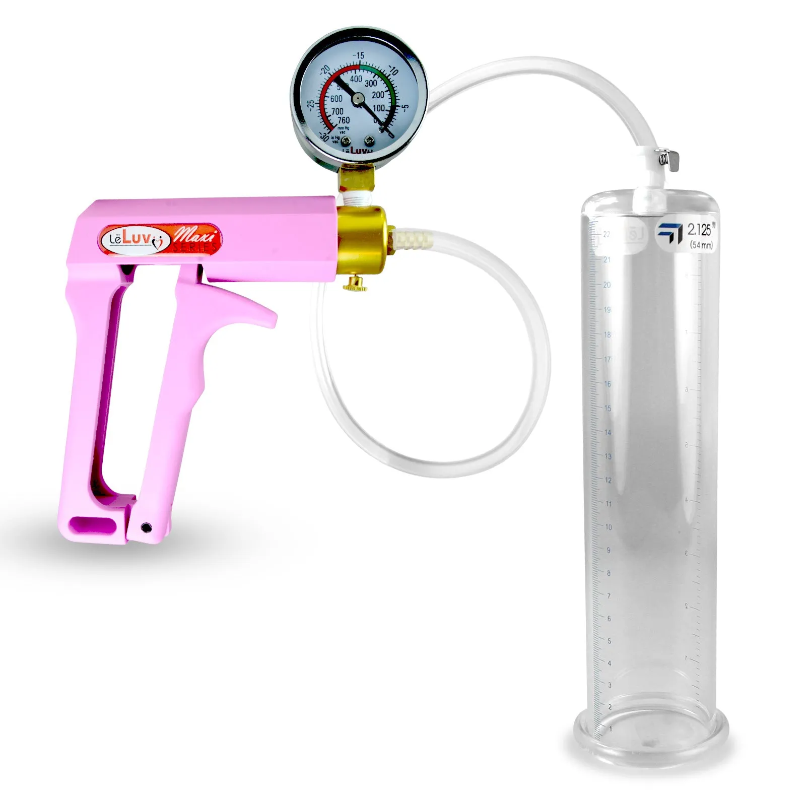 Penis Pump MAXI Pink Handle, Clear Hose | 9" or 12" Length x 1.35"-5.0" Diameters | Gauge Options