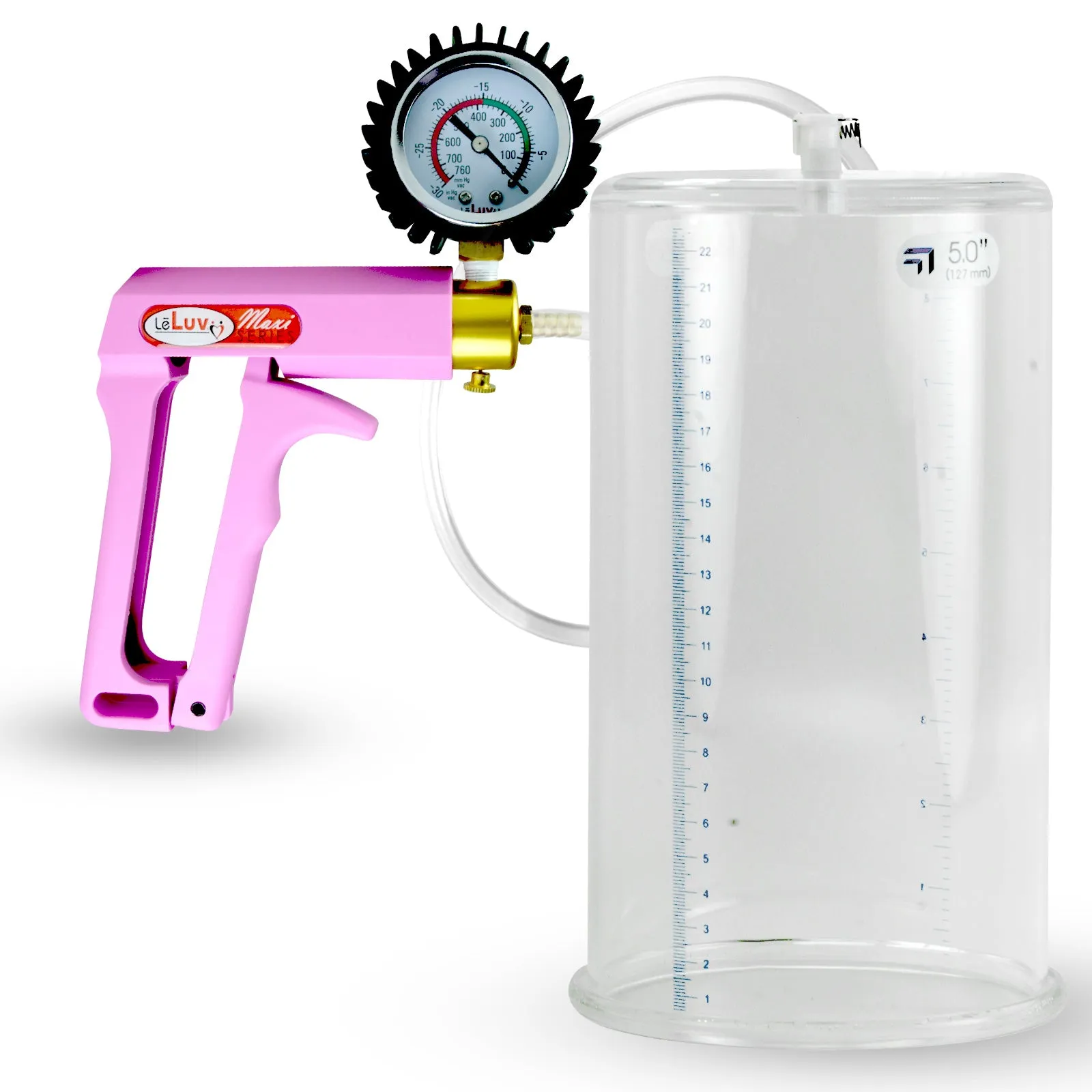 Penis Pump MAXI Pink Handle, Clear Hose | 9" or 12" Length x 1.35"-5.0" Diameters | Gauge Options
