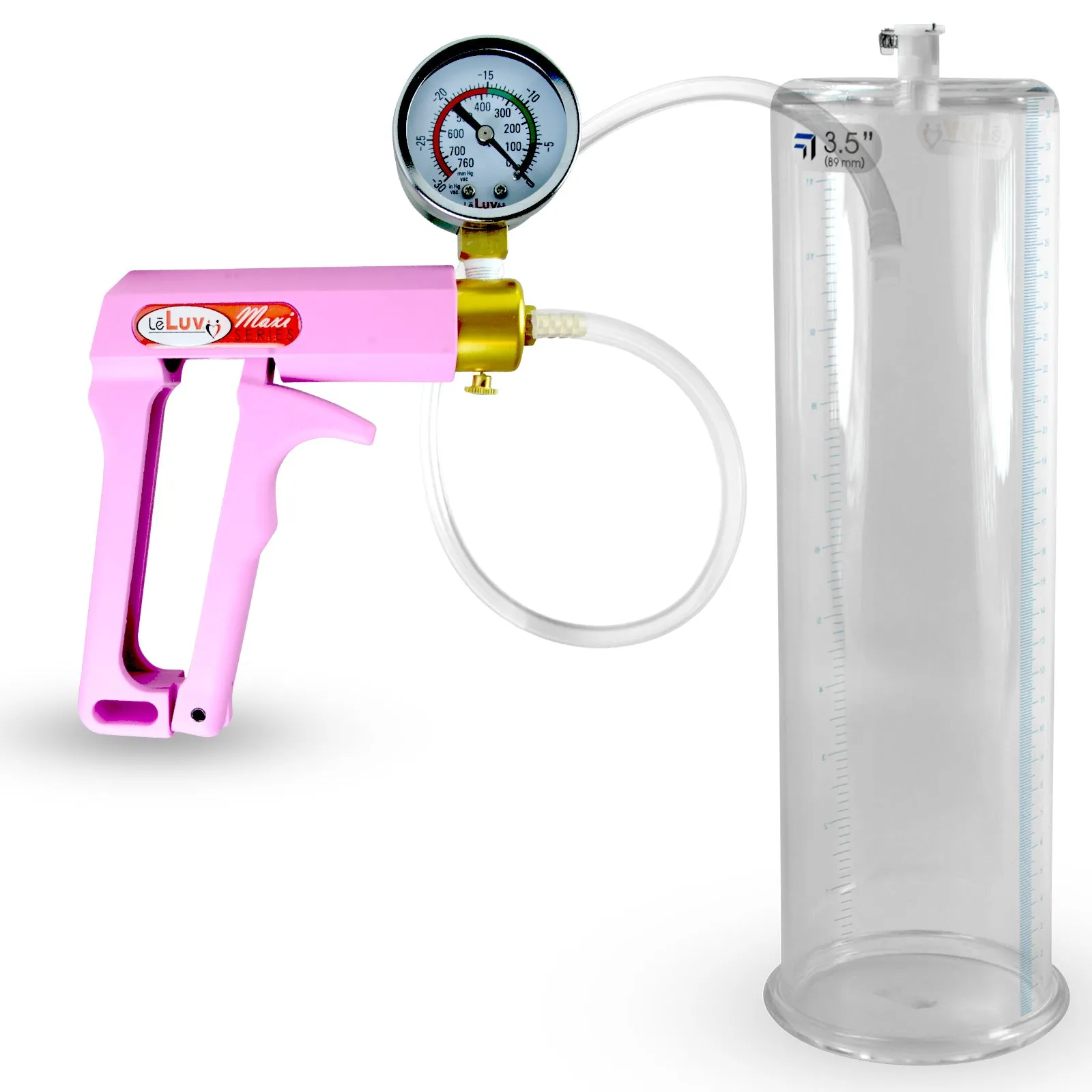 Penis Pump MAXI Pink Handle, Clear Hose | 9" or 12" Length x 1.35"-5.0" Diameters | Gauge Options