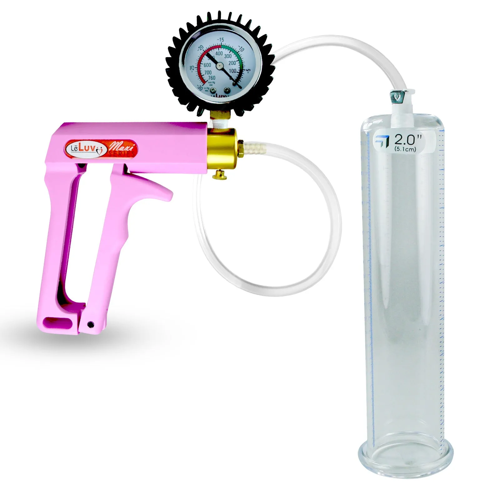 Penis Pump MAXI Pink Handle, Clear Hose | 9" or 12" Length x 1.35"-5.0" Diameters | Gauge Options