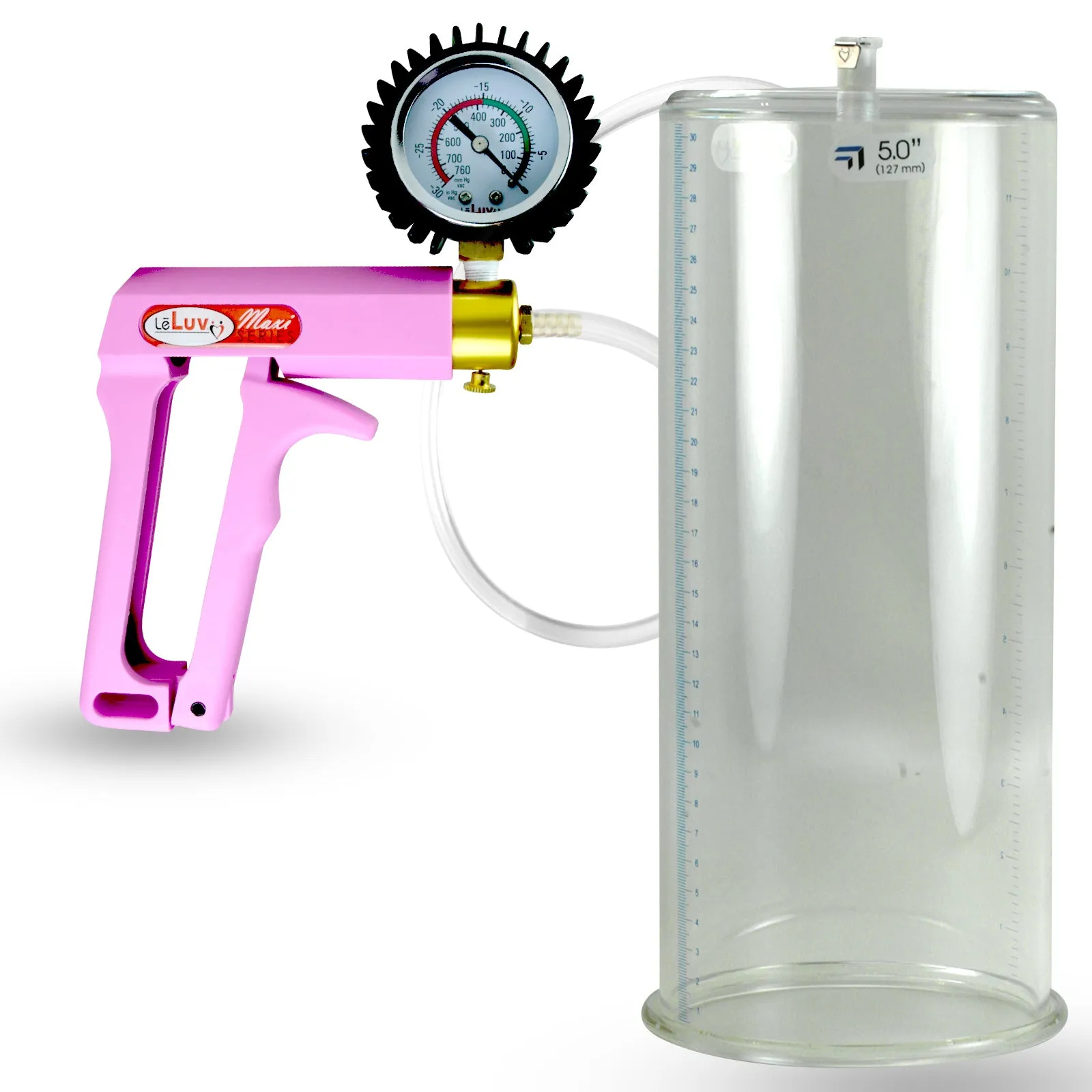 Penis Pump MAXI Pink Handle, Clear Hose | 9" or 12" Length x 1.35"-5.0" Diameters | Gauge Options