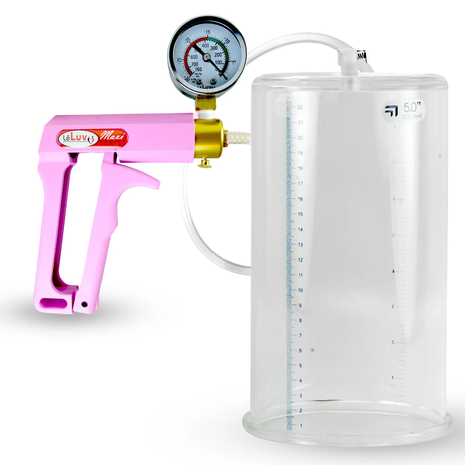 Penis Pump MAXI Pink Handle, Clear Hose | 9" or 12" Length x 1.35"-5.0" Diameters | Gauge Options