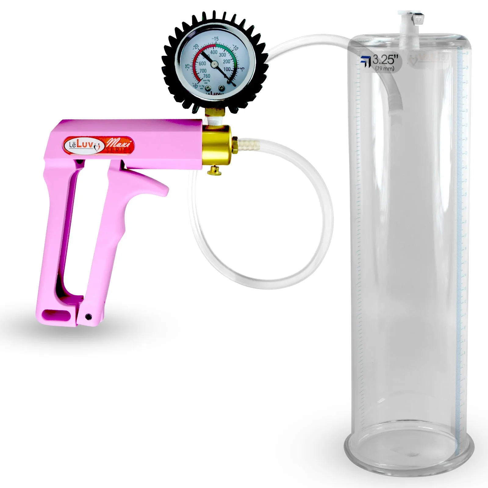 Penis Pump MAXI Pink Handle, Clear Hose | 9" or 12" Length x 1.35"-5.0" Diameters | Gauge Options