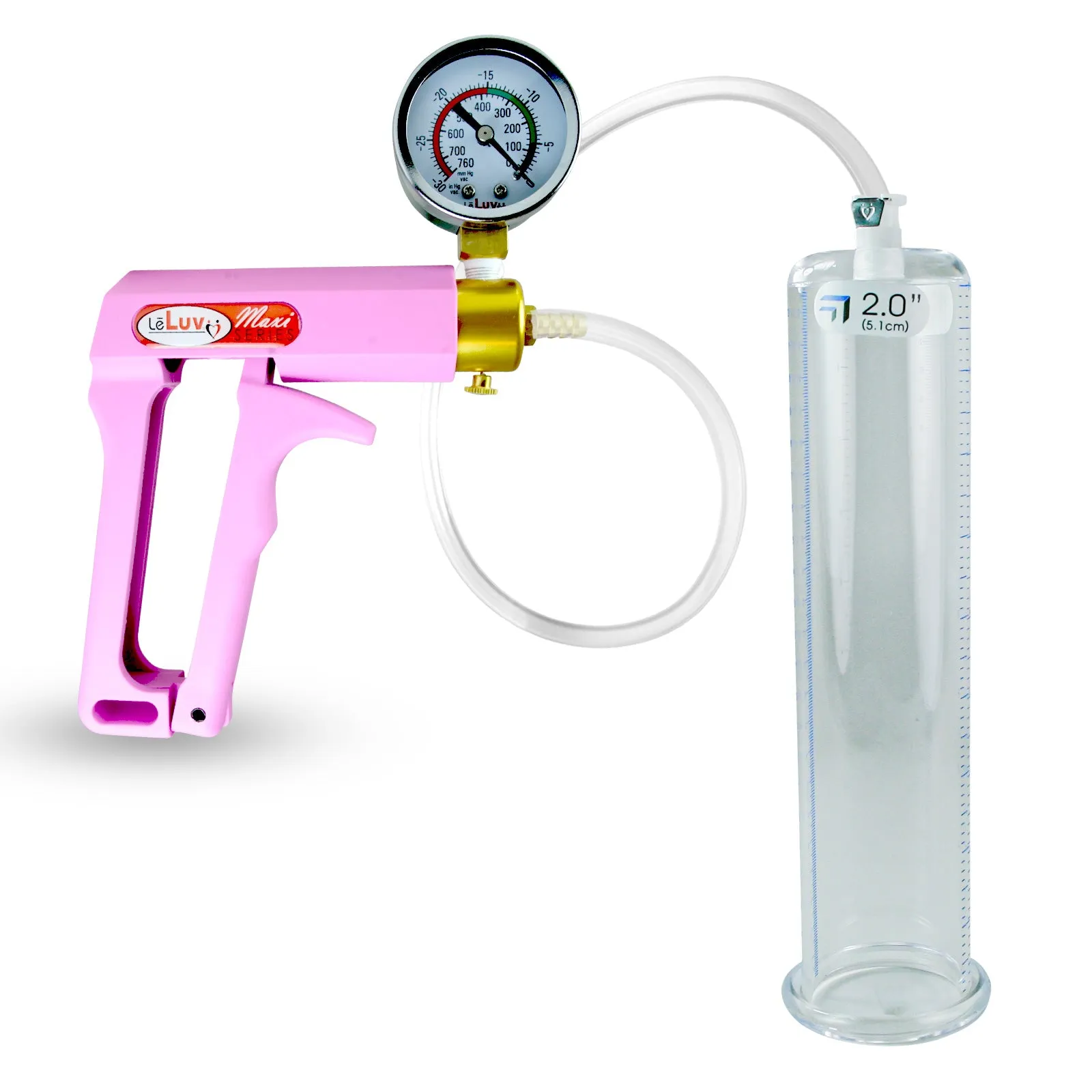 Penis Pump MAXI Pink Handle, Clear Hose | 9" or 12" Length x 1.35"-5.0" Diameters | Gauge Options