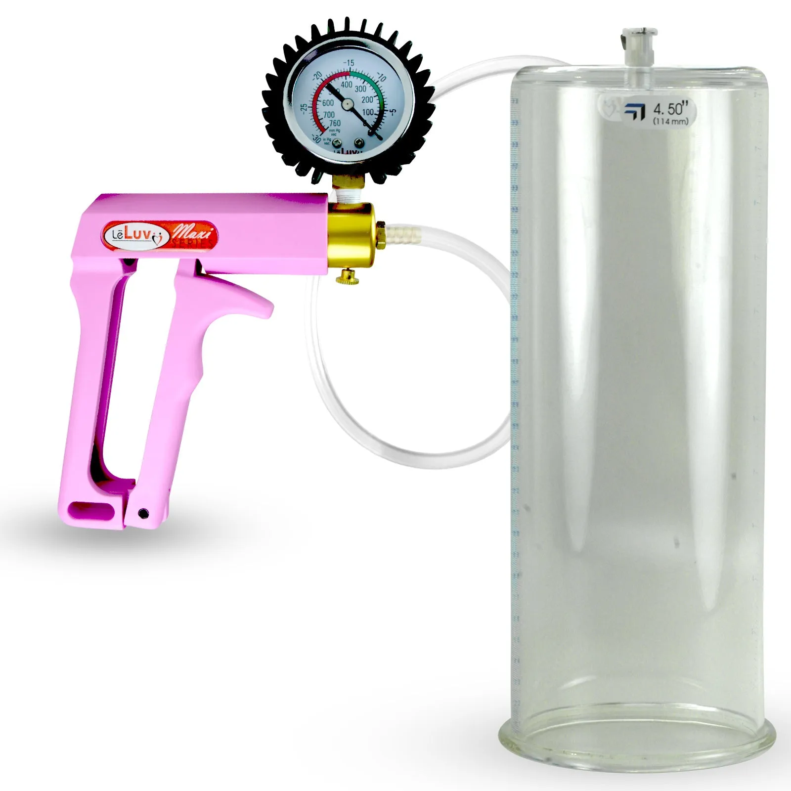 Penis Pump MAXI Pink Handle, Clear Hose | 9" or 12" Length x 1.35"-5.0" Diameters | Gauge Options