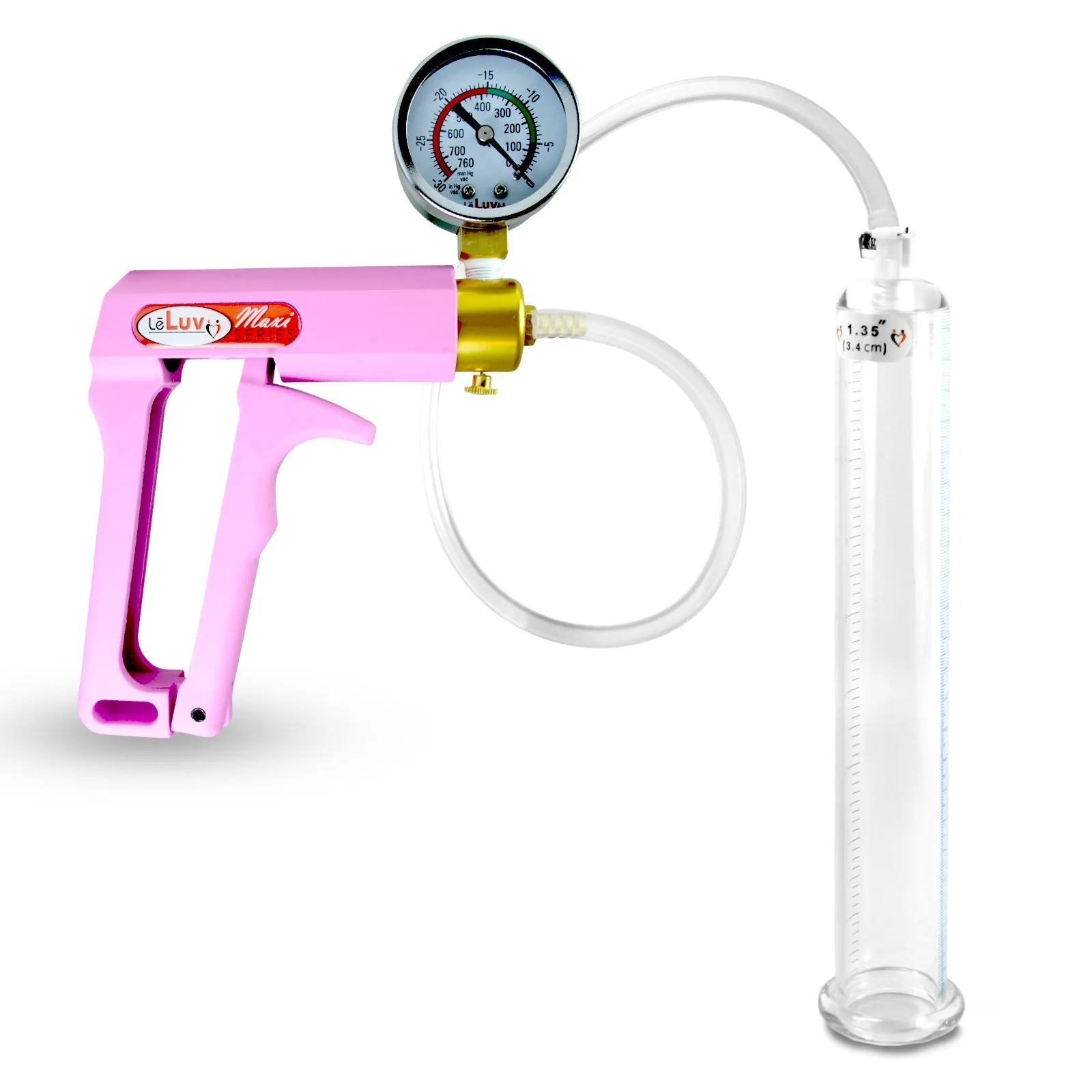 Penis Pump MAXI Pink Handle, Clear Hose | 9" or 12" Length x 1.35"-5.0" Diameters | Gauge Options