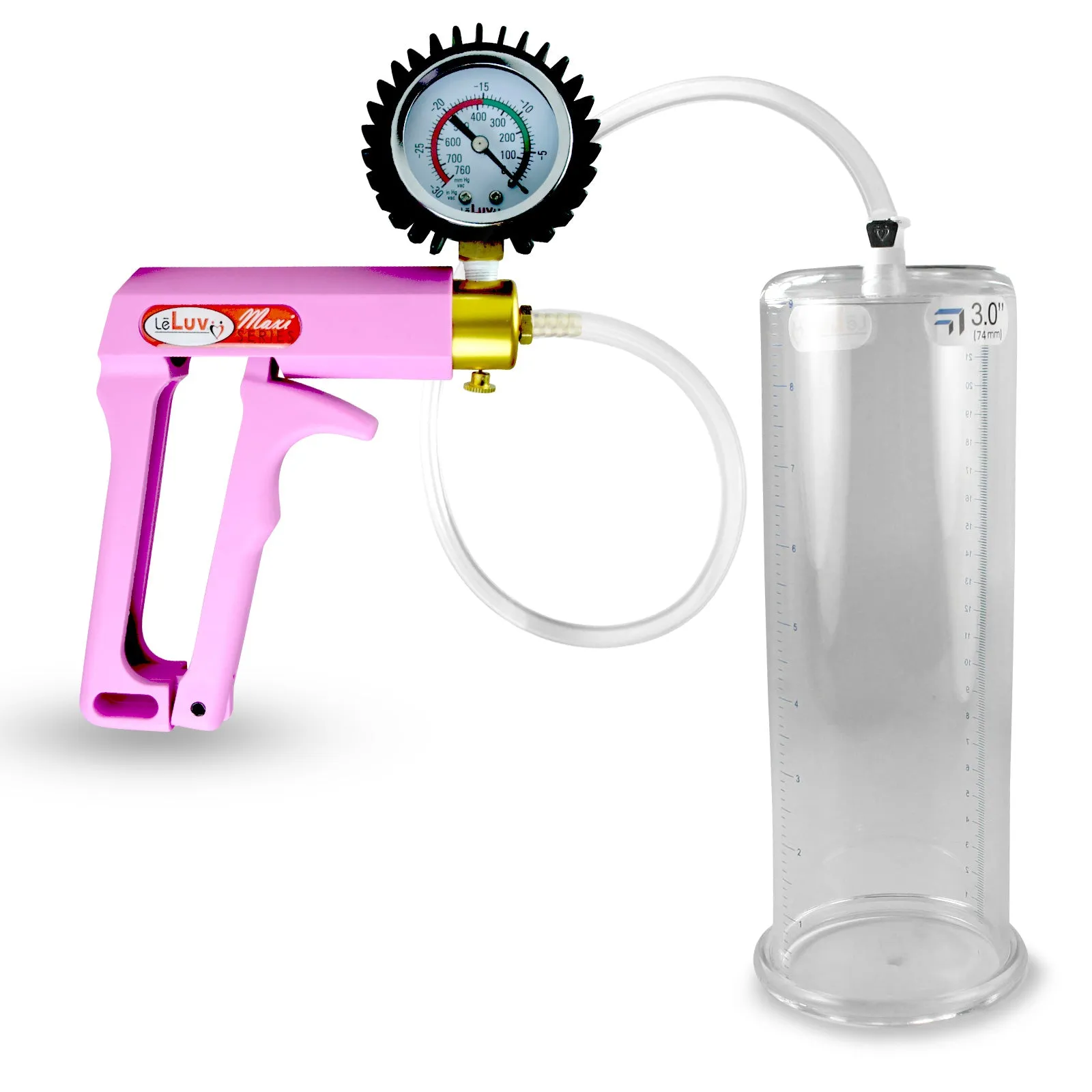 Penis Pump MAXI Pink Handle, Clear Hose | 9" or 12" Length x 1.35"-5.0" Diameters | Gauge Options