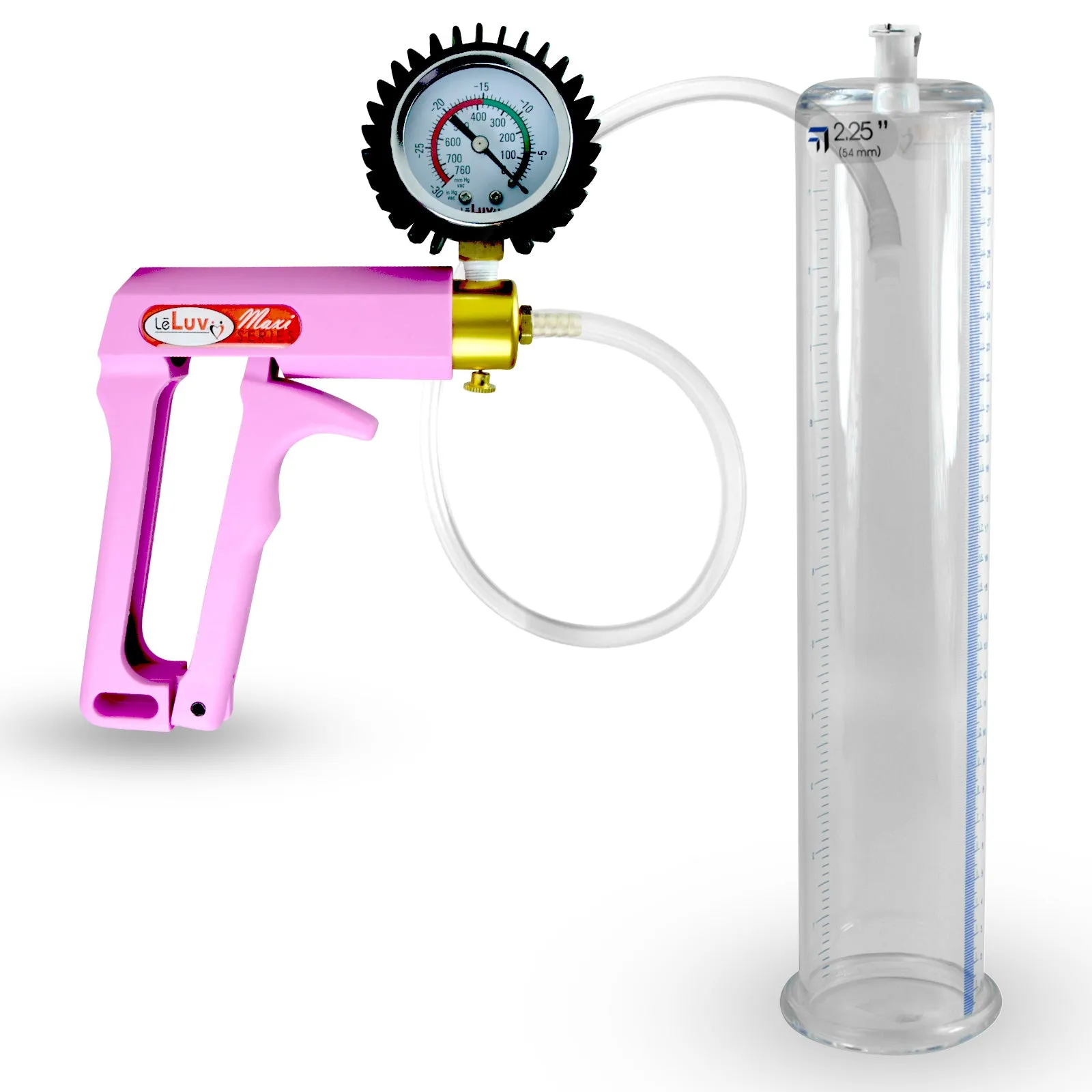 Penis Pump MAXI Pink Handle, Clear Hose | 9" or 12" Length x 1.35"-5.0" Diameters | Gauge Options