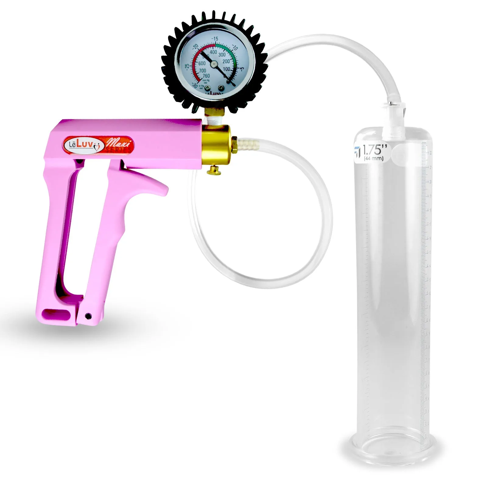 Penis Pump MAXI Pink Handle, Clear Hose | 9" or 12" Length x 1.35"-5.0" Diameters | Gauge Options