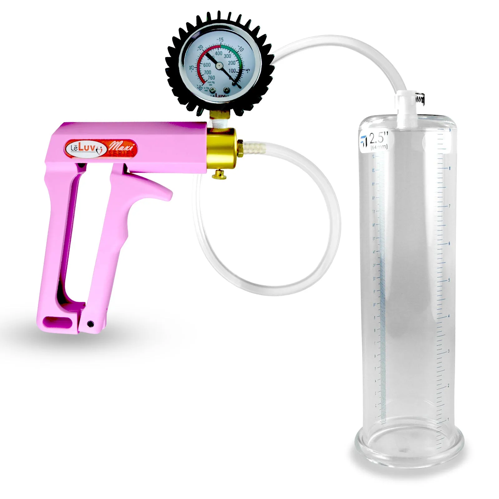 Penis Pump MAXI Pink Handle, Clear Hose | 9" or 12" Length x 1.35"-5.0" Diameters | Gauge Options