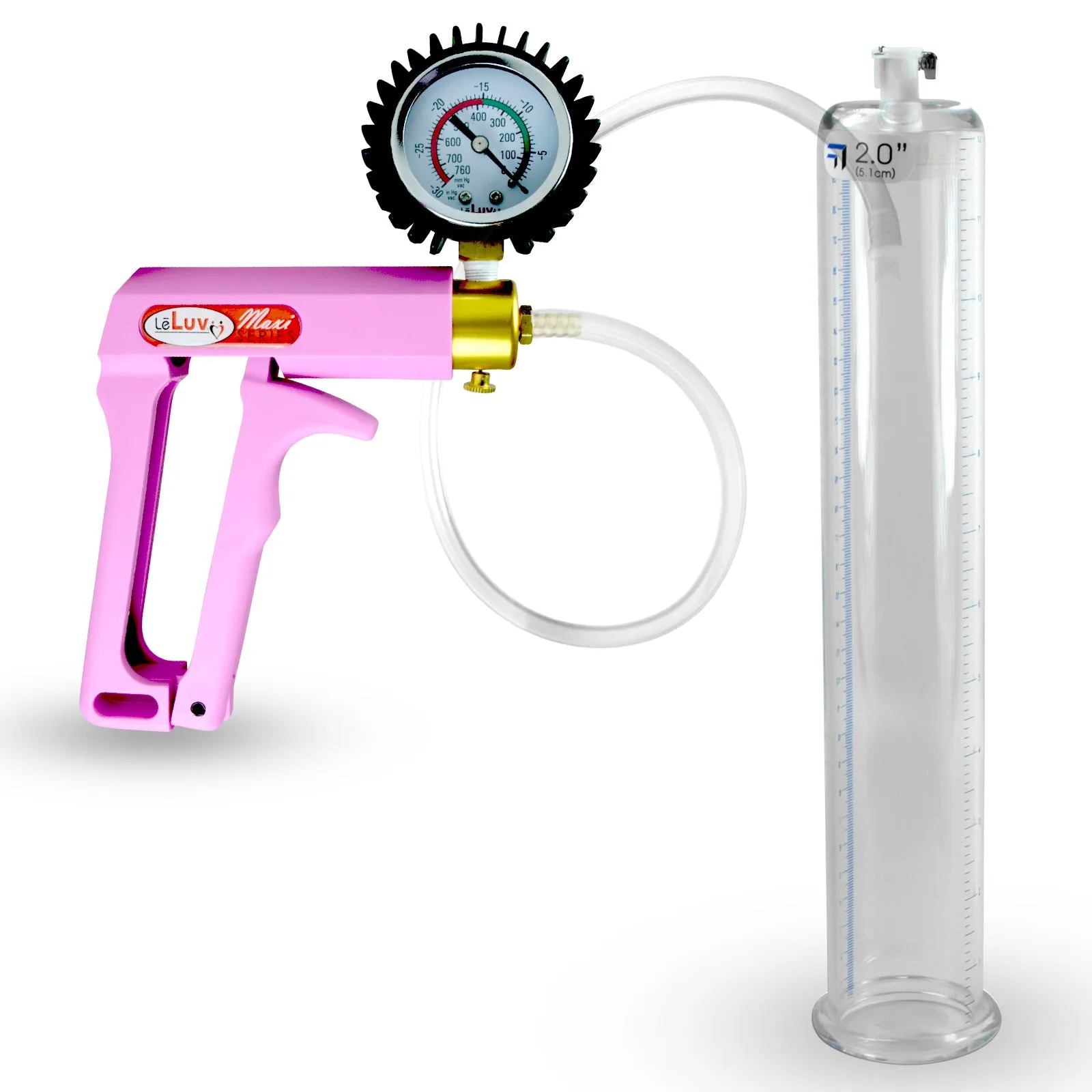Penis Pump MAXI Pink Handle, Clear Hose | 9" or 12" Length x 1.35"-5.0" Diameters | Gauge Options