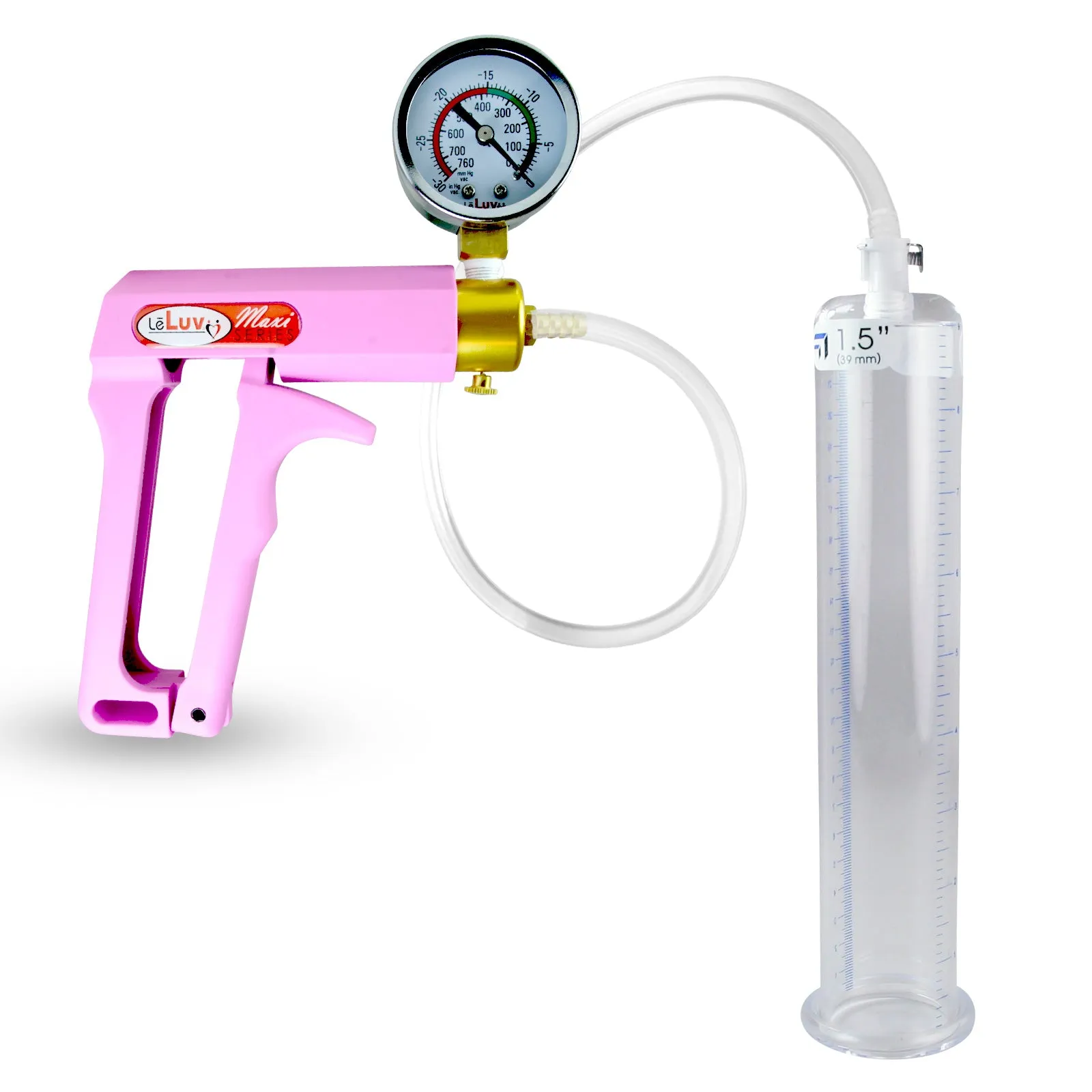 Penis Pump MAXI Pink Handle, Clear Hose | 9" or 12" Length x 1.35"-5.0" Diameters | Gauge Options
