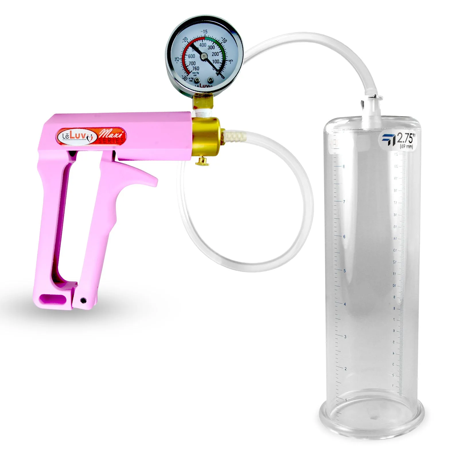 Penis Pump MAXI Pink Handle, Clear Hose | 9" or 12" Length x 1.35"-5.0" Diameters | Gauge Options