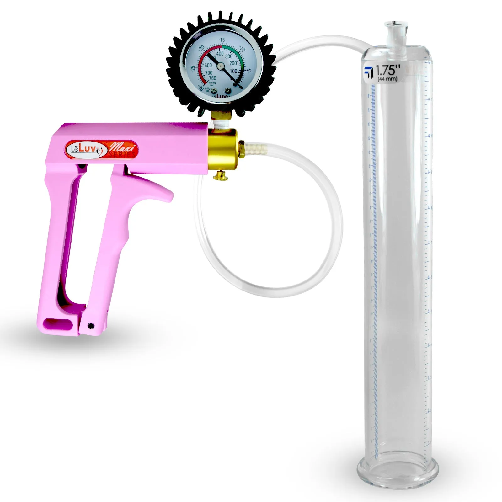 Penis Pump MAXI Pink Handle, Clear Hose | 9" or 12" Length x 1.35"-5.0" Diameters | Gauge Options
