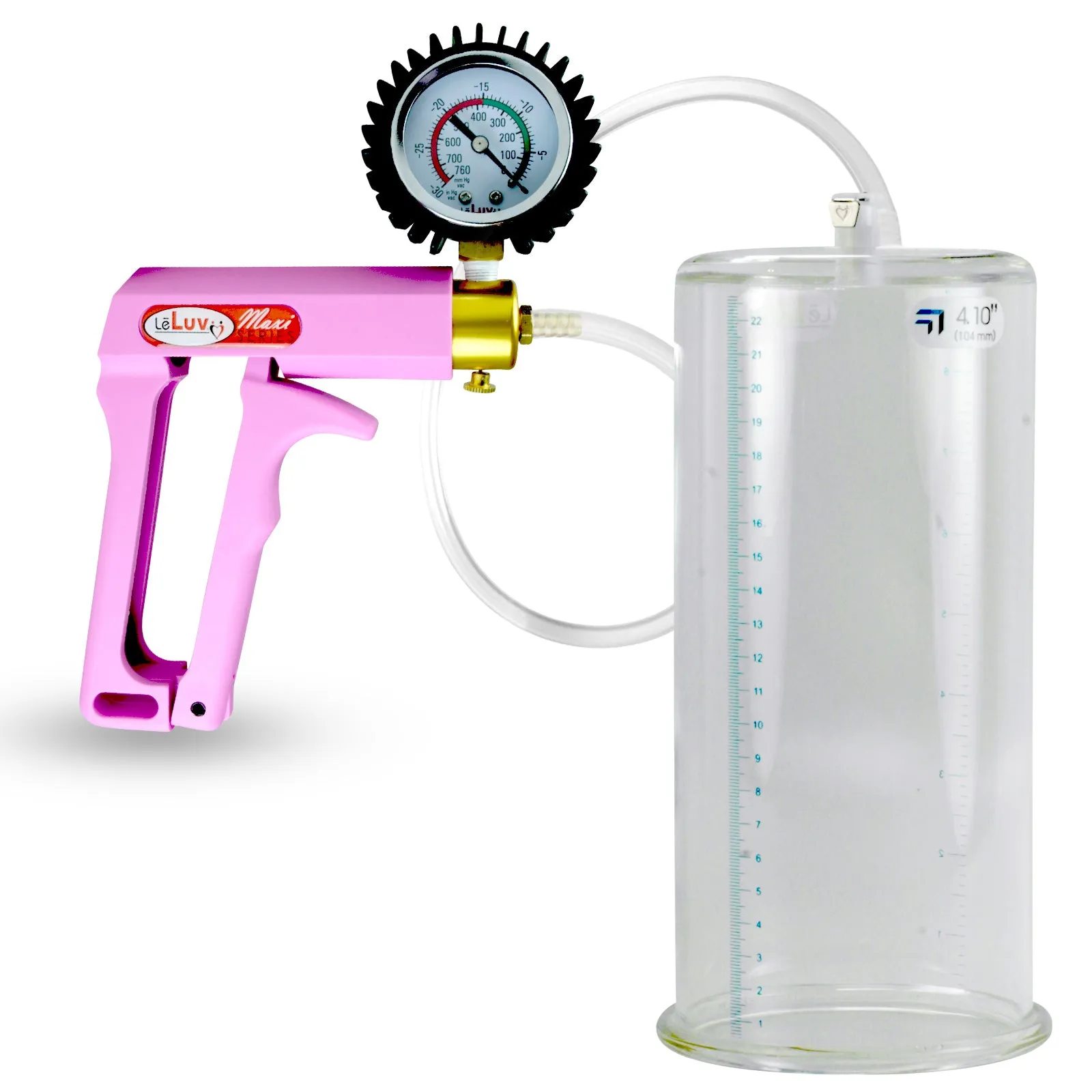 Penis Pump MAXI Pink Handle, Clear Hose | 9" or 12" Length x 1.35"-5.0" Diameters | Gauge Options