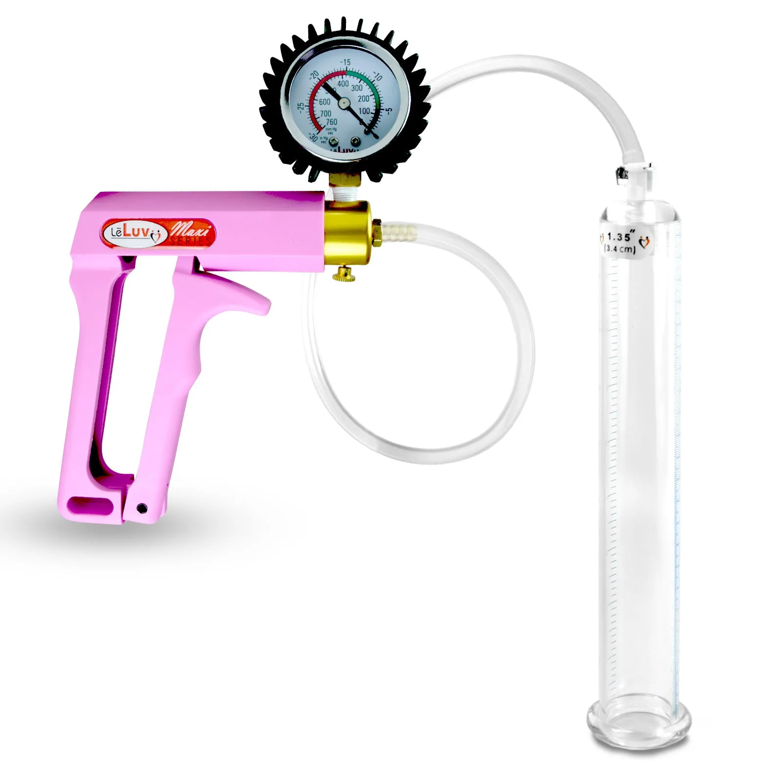 Penis Pump MAXI Pink Handle, Clear Hose | 9" or 12" Length x 1.35"-5.0" Diameters | Gauge Options