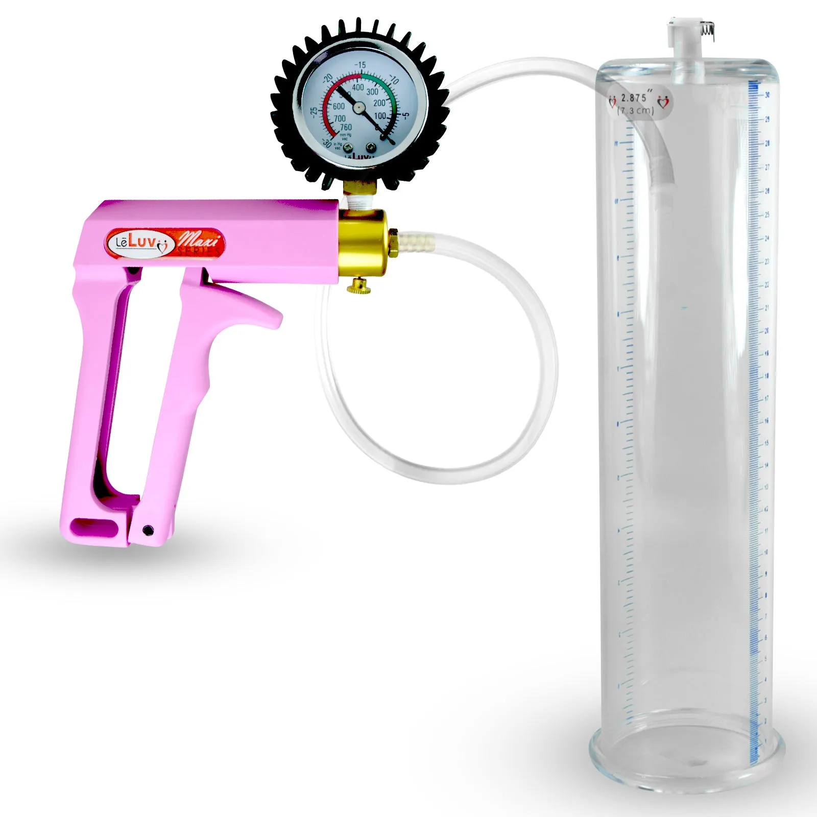 Penis Pump MAXI Pink Handle, Clear Hose | 9" or 12" Length x 1.35"-5.0" Diameters | Gauge Options