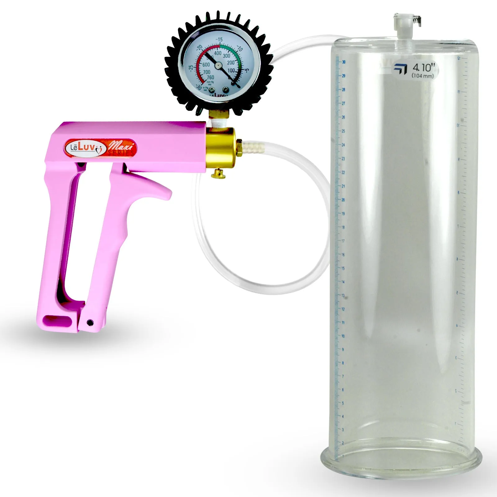 Penis Pump MAXI Pink Handle, Clear Hose | 9" or 12" Length x 1.35"-5.0" Diameters | Gauge Options