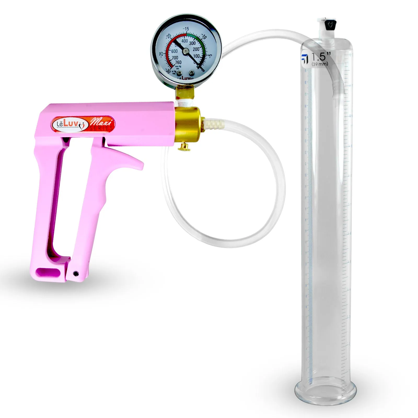 Penis Pump MAXI Pink Handle, Clear Hose | 9" or 12" Length x 1.35"-5.0" Diameters | Gauge Options