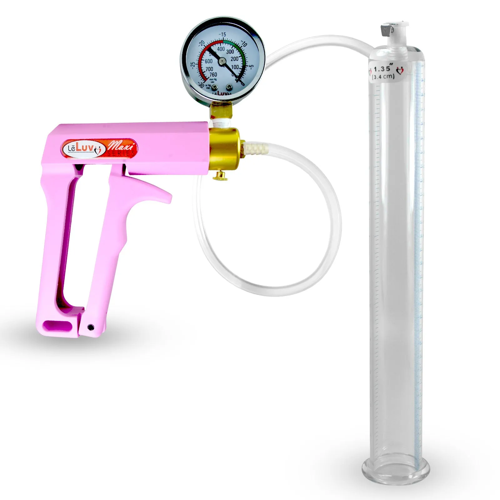 Penis Pump MAXI Pink Handle, Clear Hose | 9" or 12" Length x 1.35"-5.0" Diameters | Gauge Options
