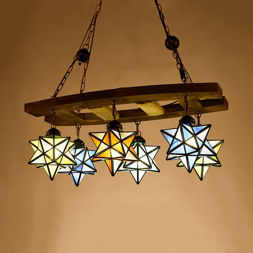 Rustic Loft Hanging Pendant Light - Multi Color Stained Glass Chandelier with 6 Lights for Bars
