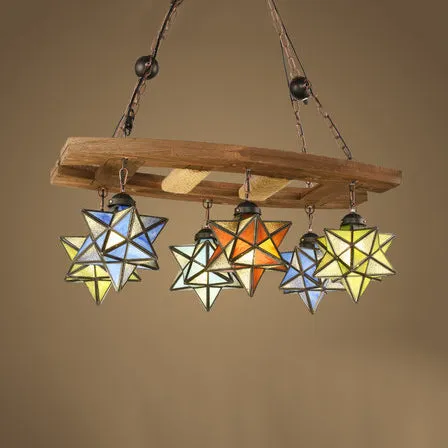 Rustic Loft Hanging Pendant Light - Multi Color Stained Glass Chandelier with 6 Lights for Bars