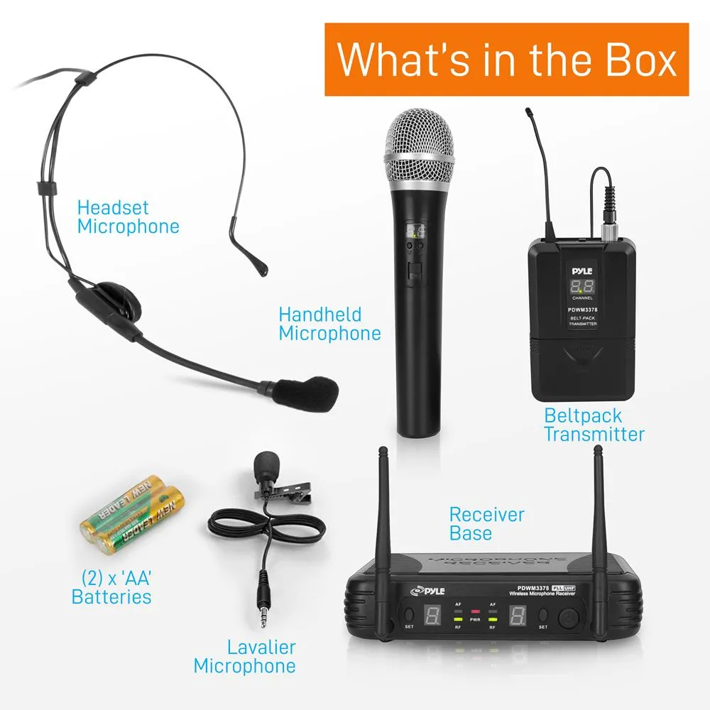 Uhf Wireless Microphone System Kit, Includes Handheld Mic, Headset Mic, Lavalier Mic & Beltpack